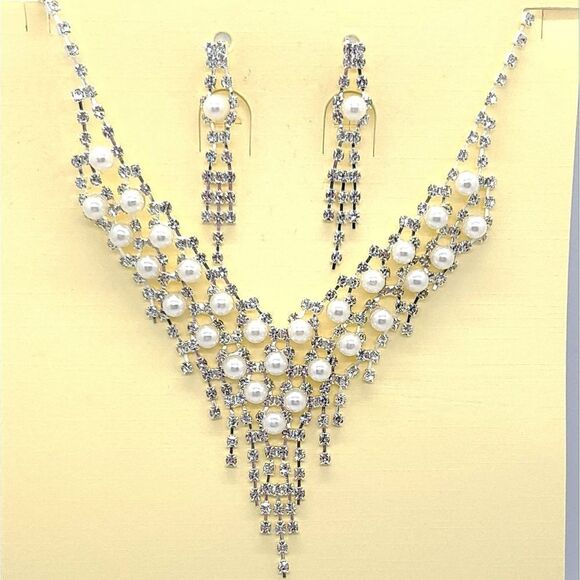 Fancy Rhinestone Pearl Jewelry Set Dangle Earrings Classic Wedding Bridal Bride - Picture 7 of 11